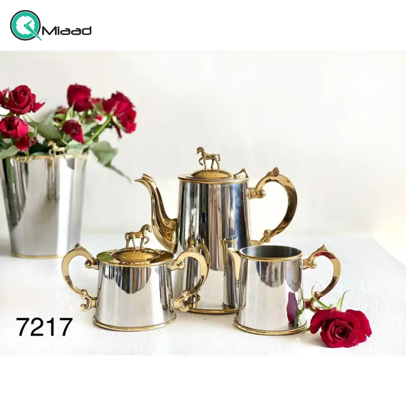 ست قوری و قندان شکرریز بنیکو، ظرف سرو و پذیرایی از جنس استیل و برنج | کد 7217 قوری و قندان شکرریز