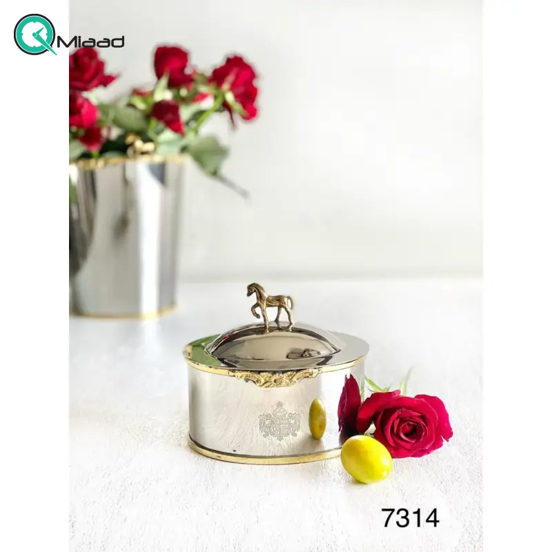قندان بنیکو، قندان بیضی استیل برنج طرح اسب | کد 7314 قندان بیضی