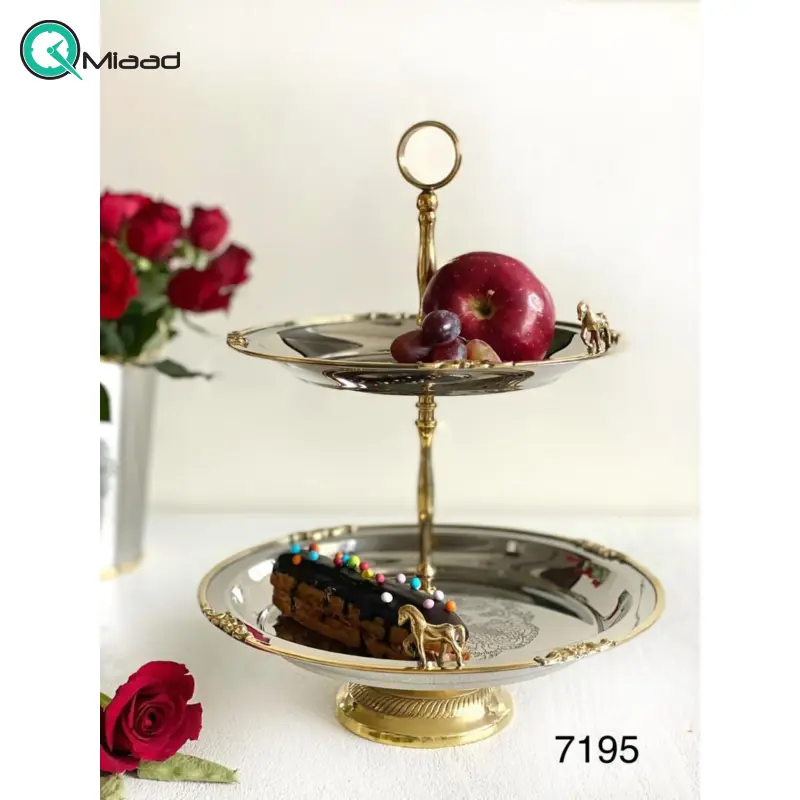 شیرینی خوری بنیکو، ظرف سرو 2 طبقه مناسب پذیرایی، طلایی رنگ و براق | کد 7195 شیرینی 2 طبقه