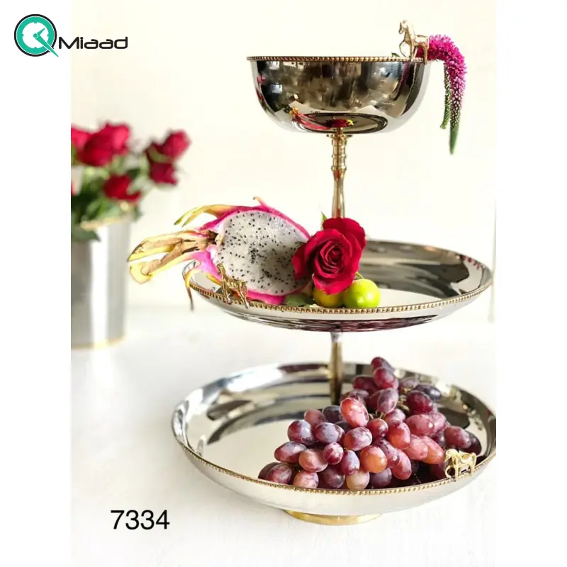 شیرینی خوری بنیکو، ظرف سرو 2 طبقه با پیاله، مدل شیرینیخوری طرح اسب استیل برنج | کد 7334 شیرینی 2 طبقه با پیاله