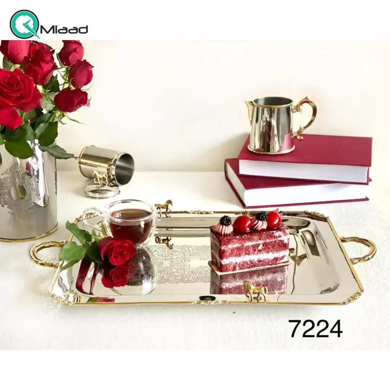 سینی پذیرایی بنیکو، سینی مستطیل استیل و برنج، سینی چای شیک | کد 7224 سینی مستطیل