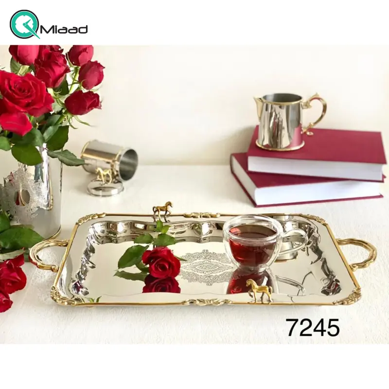سینی پذیرایی بنیکو، سینی مستطیل زیبا از جنس استیل و برنج، سینی چای شیک و خاص | کد 7245 سینی مستطیل