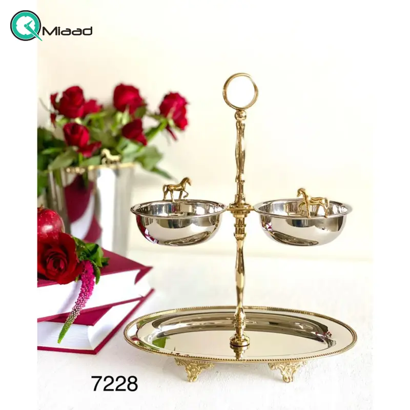 ظرف اردو خوری بنیکو، ظرف پذیرایی لوکس 2 طبقه 2 خانه کف بیضی از جنس استیل برنج، کد 7228 ظرف اردو خوری بنیکو، ظرف پذیرایی لوکس 2 طبقه 2 خانه کف بیضی از جنس استیل برنج، کد 7228