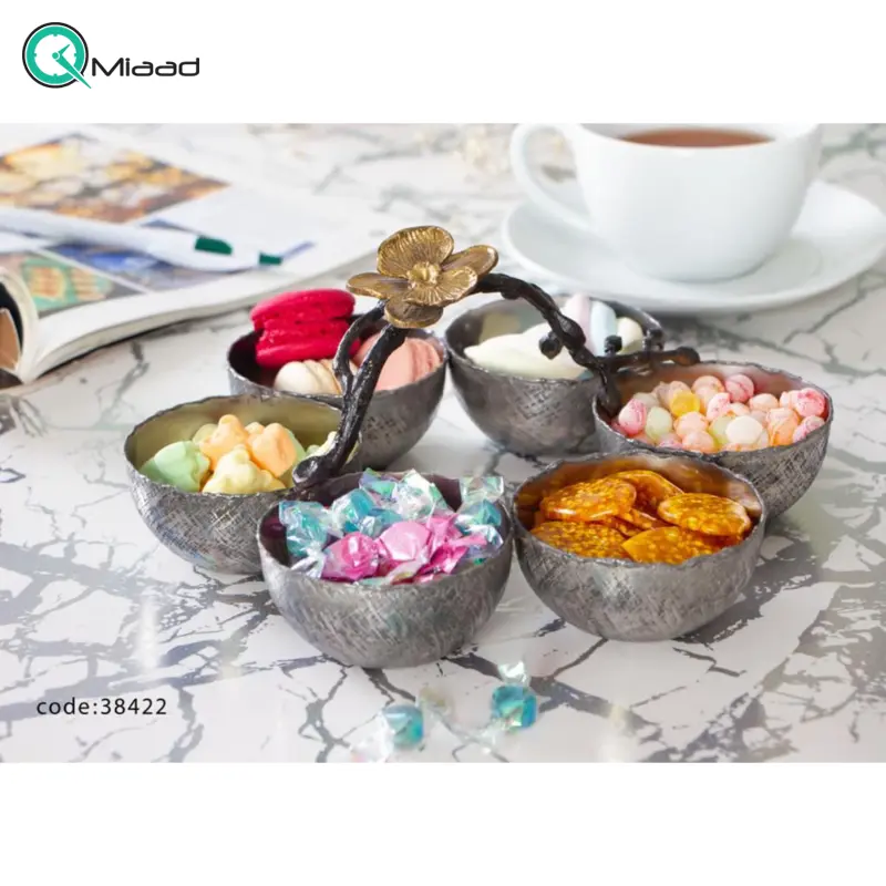ظرف اردو خوری سیاه قلم بنیکو، ظرف پذیرایی 6 پیاله سنتی استیل برنج، ظرف سرو مناسب دسر و پیشغذا | کد 38422 اردو 6 پیاله