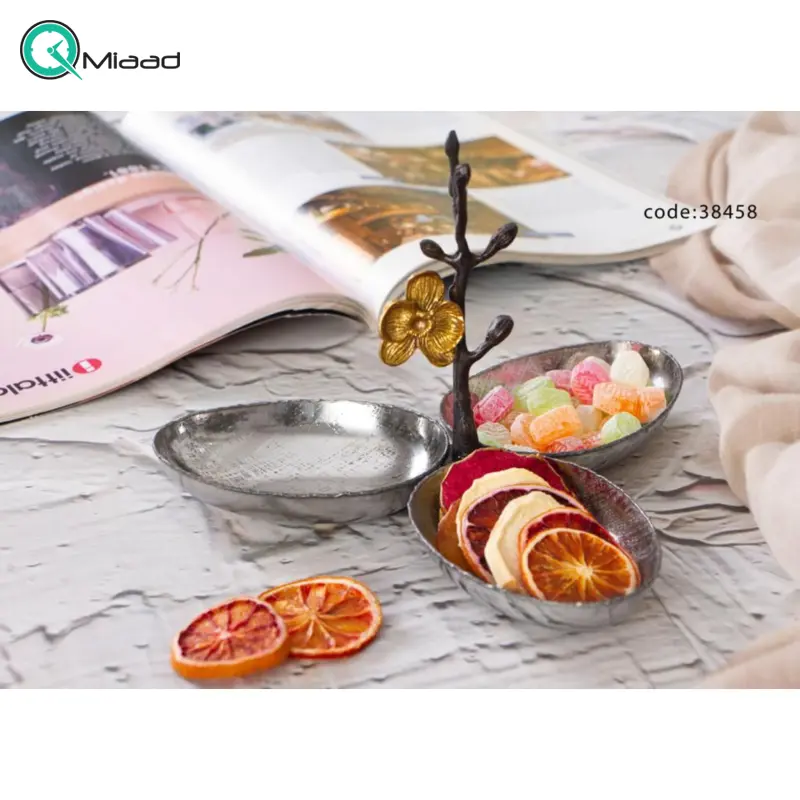 ظرف اردو خوری سیاه قلم بنیکو، ظرف پذیرایی 3 پیاله استیل برنج، ظرف سرو مناسب دسر و پیشغذا | کد 38458 اردو 3 پیاله