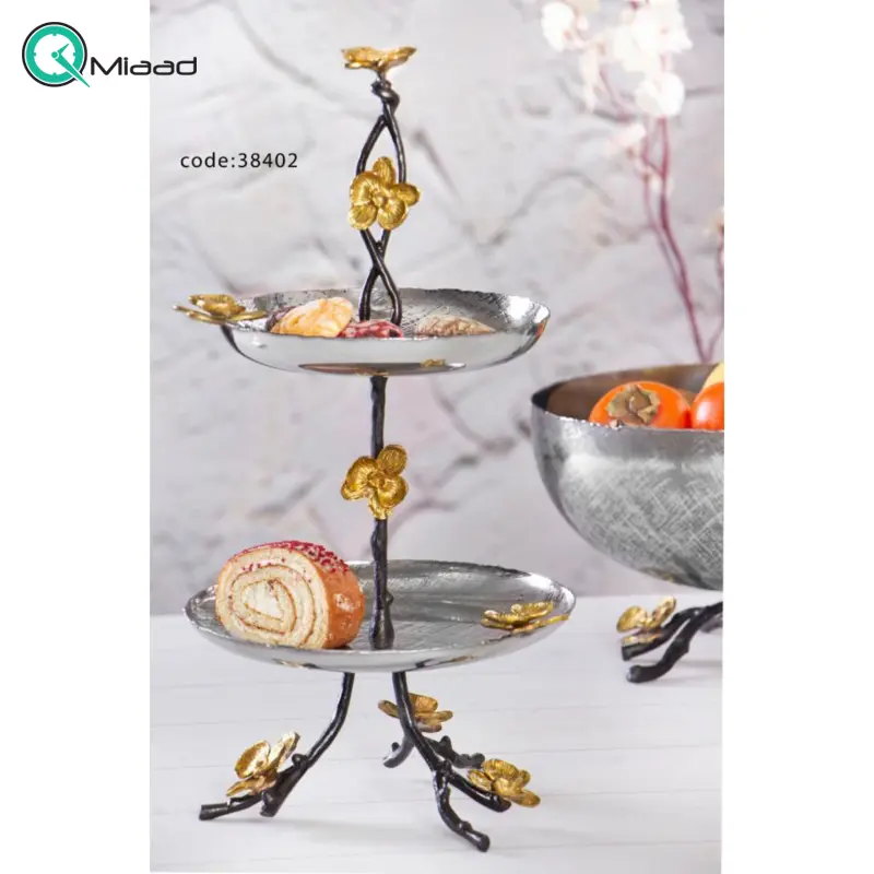 شیرینی خوری سیاه قلم بنیکو، ظرف سرو 2 طبقه مناسب پذیرایی استیل برنج، طرح سنتی | کد 38402 شیرینی 2 طبقه
