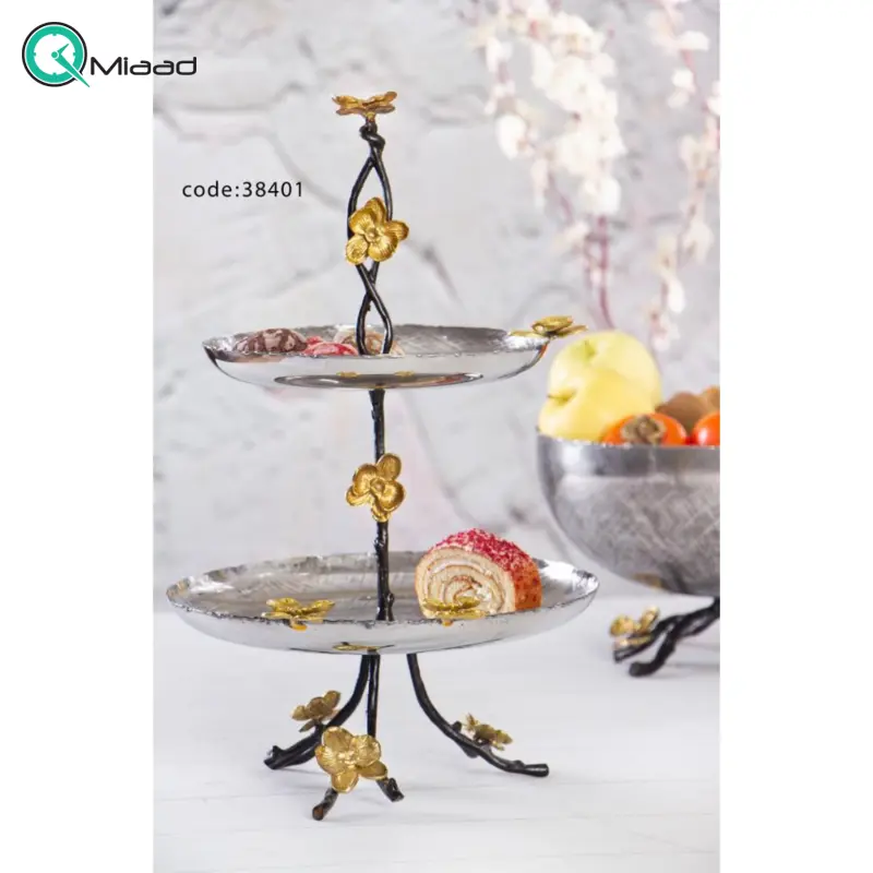 شیرینی خوری سیاه قلم بنیکو، ظرف سرو 2 طبقه مناسب پذیرایی استیل و برنج، سنتی | کد 38401 شیرینی 2 طبقه