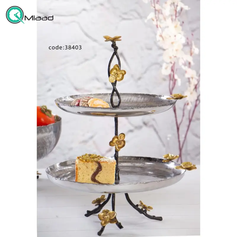شیرینی خوری سیاه قلم بنیکو، ظرف سرو 2 طبقه مناسب پذیرایی، سنتی از جنس استیل و برنج | کد 38403 شیرینی 2 طبقه