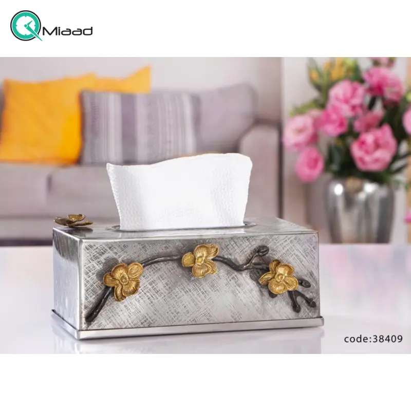 جا دستمال کاغذی بنیکو از جنس استیل و برنج، جا دستمال کاغذی سیاه قلم، سنتی و خاص، کد 38409 جا دستمال کاغذی