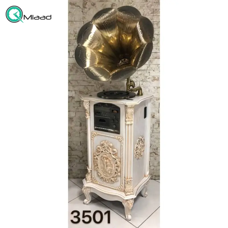گرامافون ایستاده فول والتر، گرامافون ایستاده والتر فول، پخشکننده با صدای استریو CD، DVD، نوارکاست، صفحات کوچک و بزرگ، بلوتوث، فلش رادیو AM/FM| شیپوربزرگ پلیمری، رنگ کرم طلایی مدل 3501 گرامافون