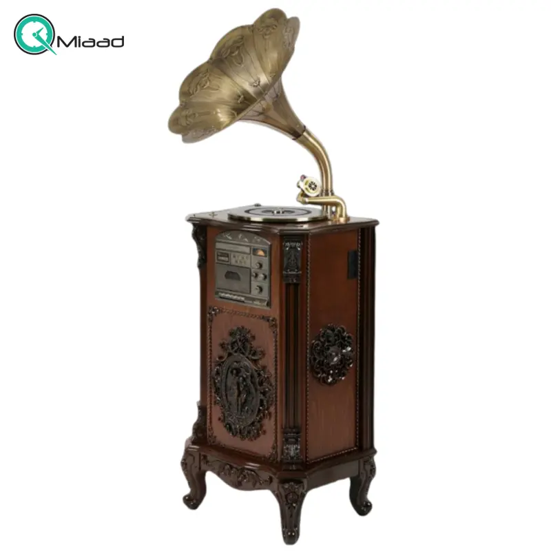 گرامافون ایستاده فول والتر، گرامافون ایستاده والتر فول، پخشکننده با صدای استریو CD، DVD، نوارکاست، صفحات کوچک و بزرگ، بلوتوث، فلش رادیو AM/FM| رنگ فندقی شیپور فلز، مدل 3501 گرامافون