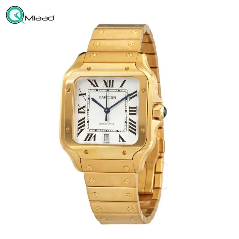 ساعت مچی مردانه کارتیه سانتوس، ساعت مچی مردانه زیبا با متریال تمام استیل، طلایی رنگ، نمایش تقویم، صفحه سفید و عقربه های آبی رنگ خرید اینترنتی ساعت مچی سه موتوره مردانه