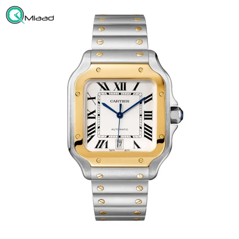 ساعت مچی مردانه کارتیه سانتوس، ساعت مچی مردانه زیبا با متریال تمام استیل، دورنگ طلایی، نمایش تقویم، صفحه سفید و عقربه های آبی رنگ خرید اینترنتی ساعت مچی سه موتوره مردانه