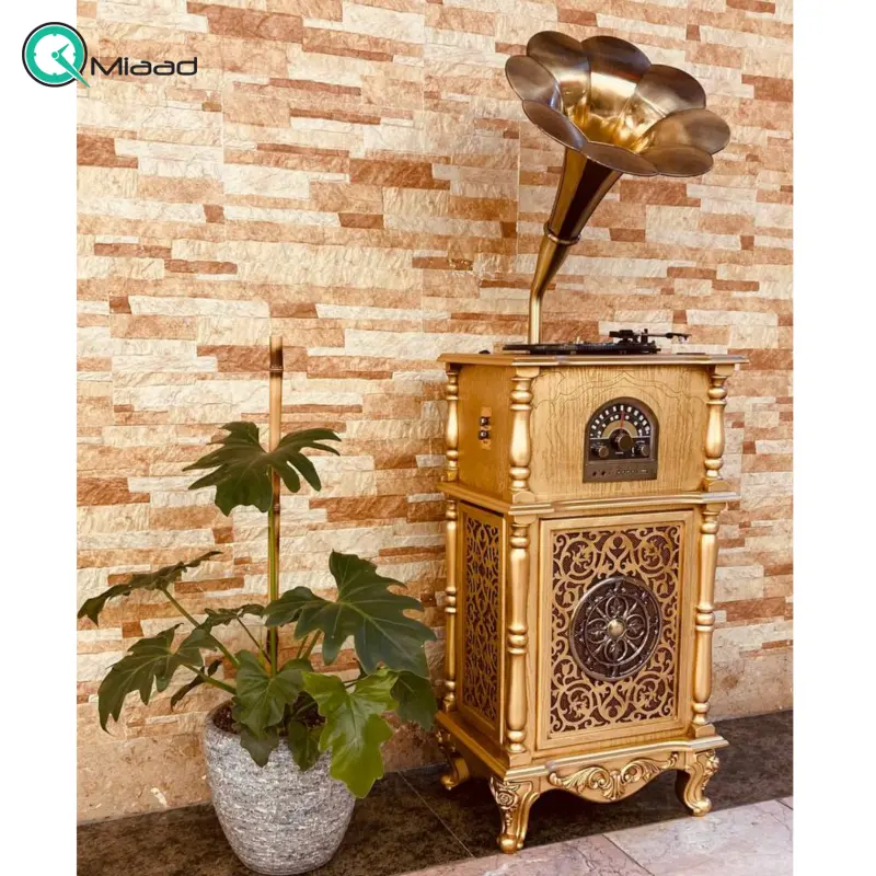 گرامافون ایستاده والتر کد 2511 طلایی mini، گرامافون کلاسیک چندمنظوره، پخش انواع صفحه، رادیو، فلش، AUX و بلوتوث | گرامافون طرح قدیمی با شیپور کوچک از جنس پلیمر مناسب دکوراسیون منزل، هتل و محل کار گرامافون