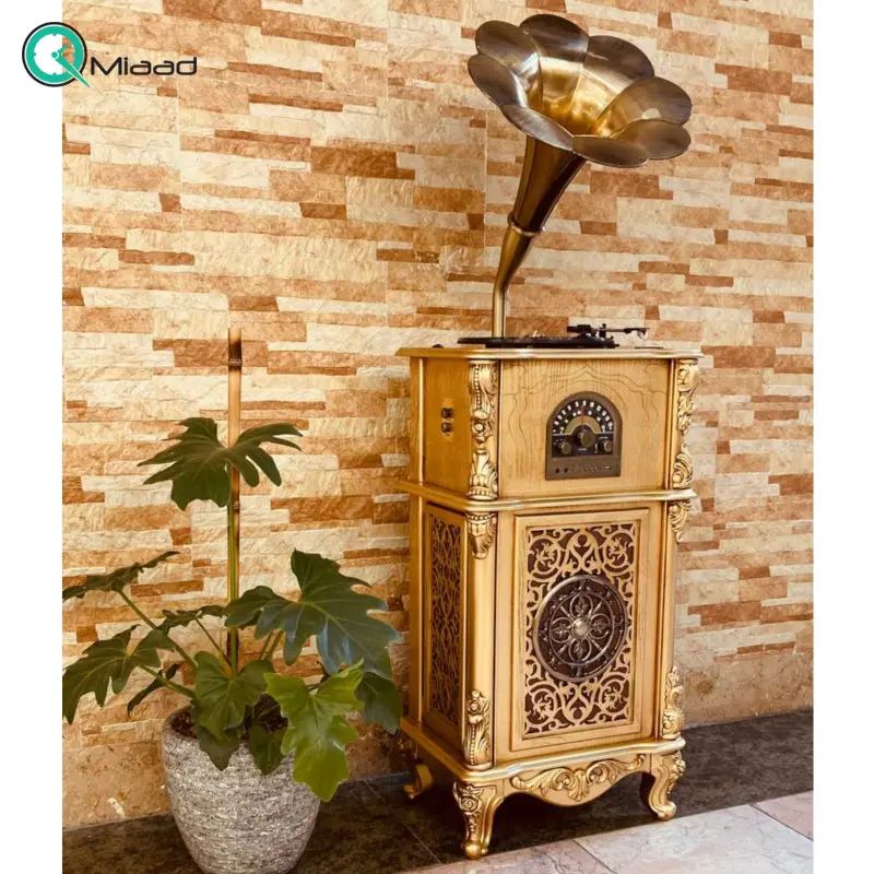 گرامافون ایستاده والتر کد 2512 طلایی mini، گرامافون کلاسیک چندمنظوره، پخش انواع صفحه، رادیو، فلش، AUX و بلوتوث | گرامافون طرح قدیمی با شیپور کوچک از جنس پلیمر مناسب دکوراسیون منزل، هتل و محل کار گرامافون