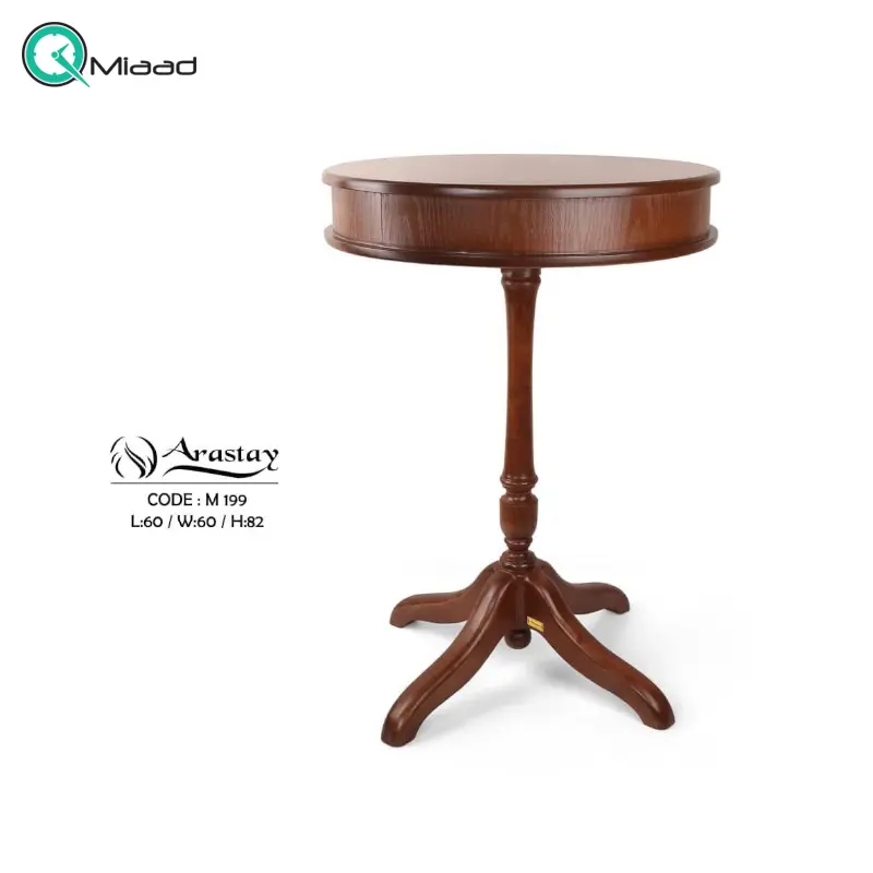 میز چوبی مدل 199، میز تمام چوب پایه دار بسیار شیک و چوبی گرد، فضای رویی برای نگه داری وسایل تزیینی مثل رادیو یا وسایل دیگر خرید میز تلفن گرام