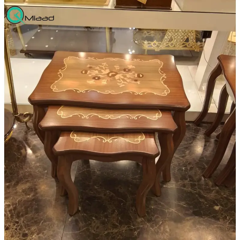 میز عسلی سه تیکه معرق مدل 3088، میز عسلی سه تیکه مدل عروس با متریال تمام چوب میز