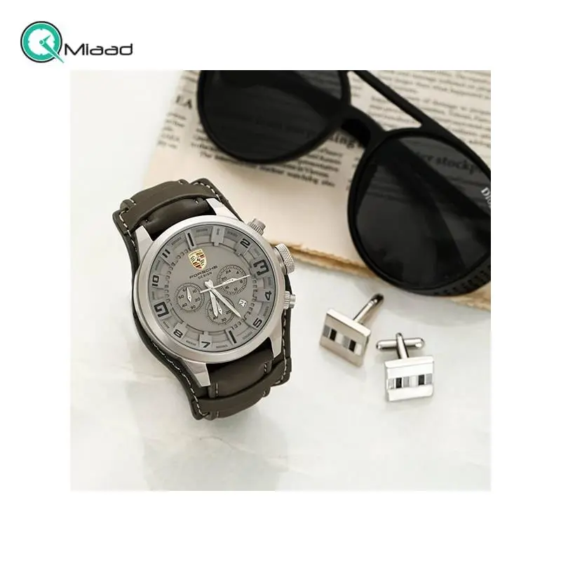 ساعت مچی پورشه مردانه، ساعت پورشه دیزاین هایکپی، ساعت اسپرت کرنوگراف تقویم دار با بند چرمی، مدل JP-24059M ساعت مچی اسپرت