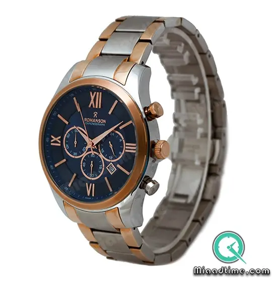 ساعت مچی رومانسون مردانه کرنوگراف گرد فلزی دو رنگ رزگلد صفحه سرمه ای کد 5079 ساعت مچی بند استیل