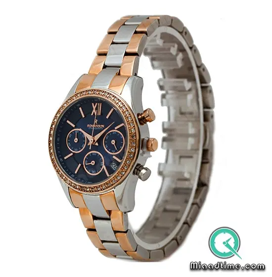 ساعت مچی رومانسون زنانه کرنوگراف گرد فلزی دو رنگ رزگلد صفحه سرمه ای کد 5079 ساعت مچی زنانه مارک دار