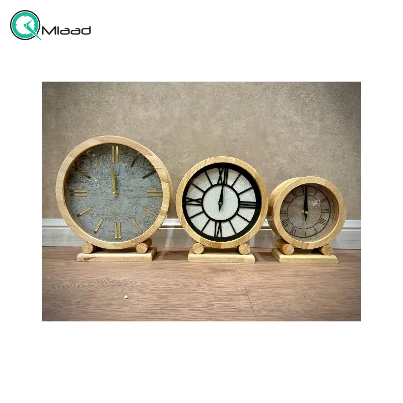 ساعت رومیزی مدل 1114، ساعت رومیزی گرد سه سایز از جنس بدنه چوب و فلز با موتور آرامگرد مناسب میز کار و میز کنسول ساعت رومیزی