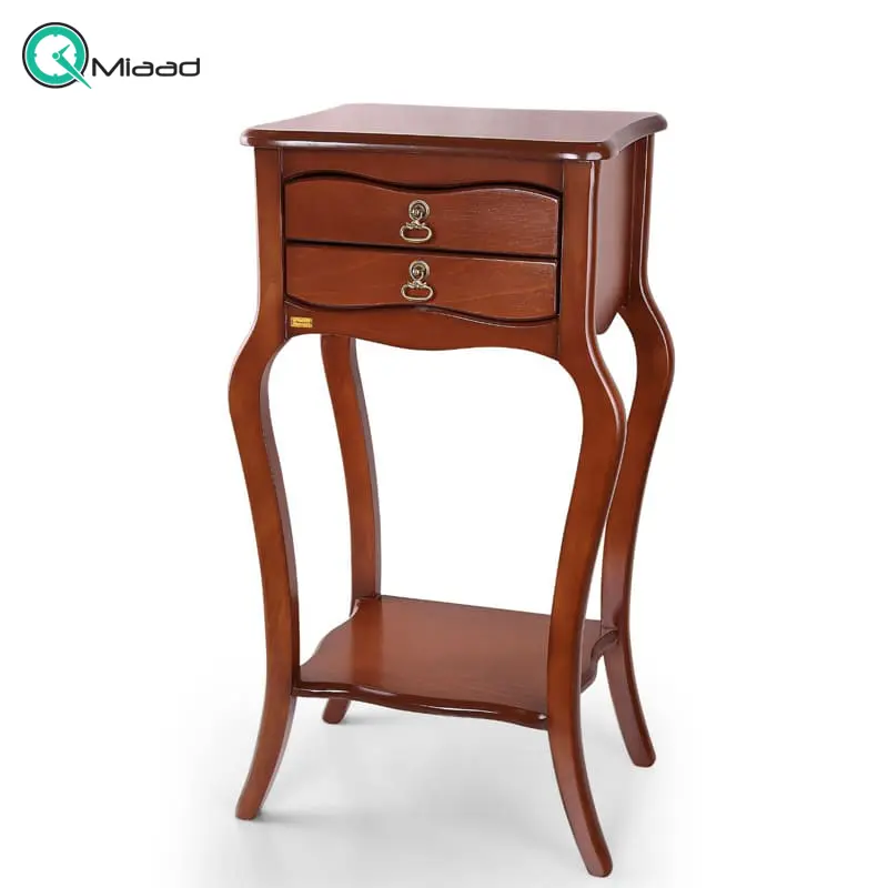 میز تلفن چوبی، میز تلفن پایه دار بسیار شیک و چوبی، دارای دو کشو برای نگه داری وسایل کوچک، فضایی برای نگه درای وسایل تزیینی در پایین و بالای میز، مدل M 210 خرید میز تلفن گرام