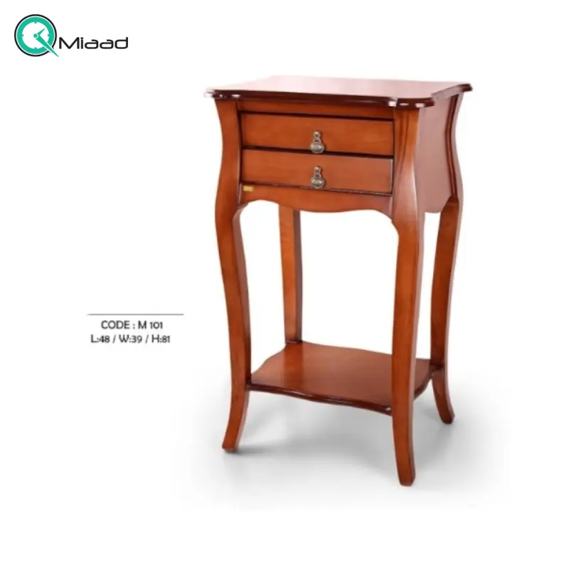 میز تلفن چوبی مدل 101، میز تلفن پایه دار بسیار شیک و چوبی، دارای دو کشو برای نگه داری وسایل کوچک، فضایی برای نگه درای وسایل تزیینی در پایین و سطح بالای میز خرید میز تلفن گرام