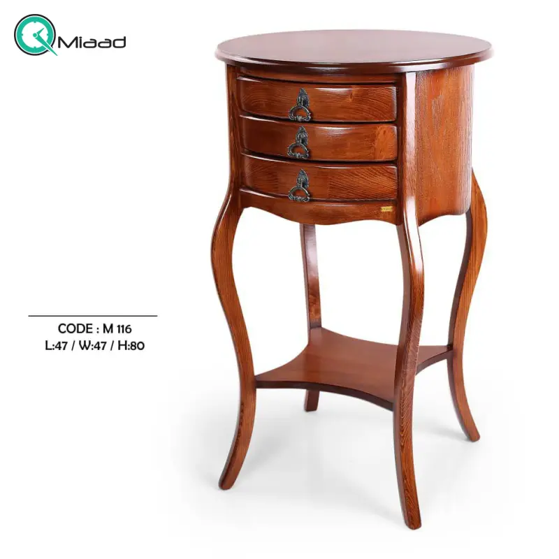 میز تلفن چوبی مدل M 116، میز تلفن پایه دار بسیار شیک و چوبی، دارای سه کشو برای نگه داری وسایل کوچک، فضایی برای نگه درای وسایل تزیینی در قسمت پایین و بالای میز خرید میز تلفن گرام