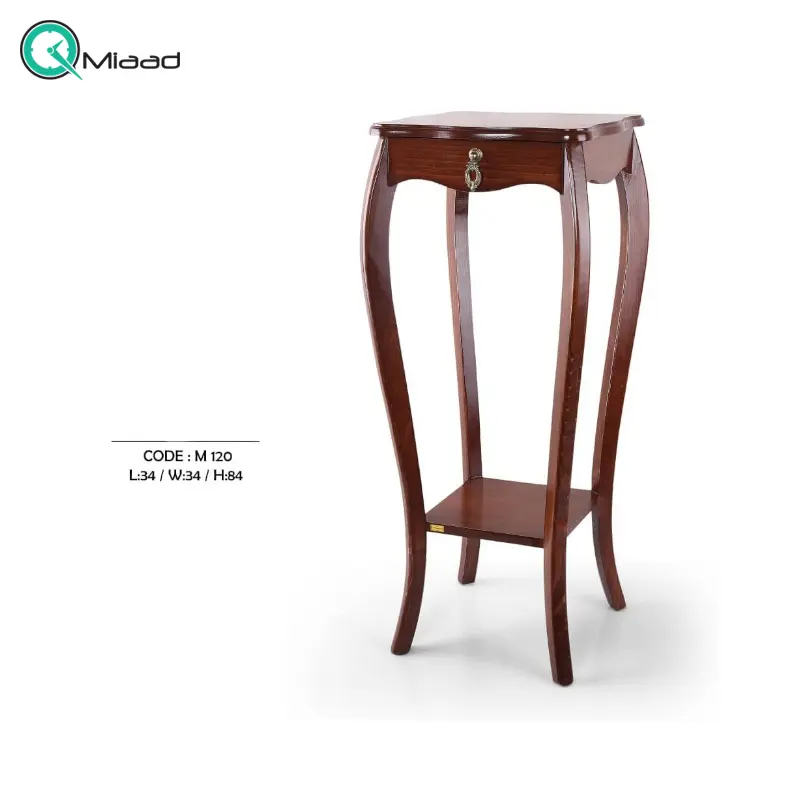 میز گرد مدل m 120، میز تلفن چوبی و پایه بلند زیبا، دارای کشویی برای نگه داری وسایل کوچک، سطح پایینی میز برای نگه داری وسیله دکوری خرید میز تلفن