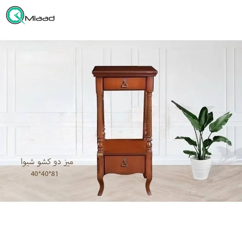 میز تلفن چوبی مدل شیوا، میز تلفن پایه دار بسیار شیک و چوبی، دارای دو کشو برای نگه داری وسایل کوچک، فضایی برای نگه درای وسایل تزیینی در پایین و بالای میز خرید میز تلفن گرام