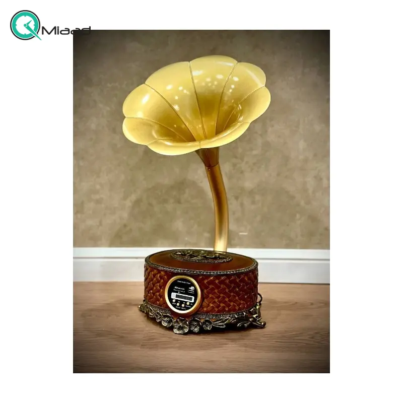 پخش کننده خانگی طرح گرام مدل 004، بلوتوث پلیر طرح گرامافون رومیزی با طراحی بی نظیر و ظریف، رنگ قهوه ای گرامافون