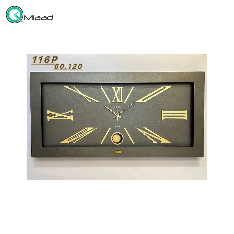 ساعت دیواری آرتا Arta کد 116، ساعت دیواری چهارگوش چوبی، دارای پاندول و اعداد لاتین، دارای موتور آرامگرد، رنگ طوسی ساعت