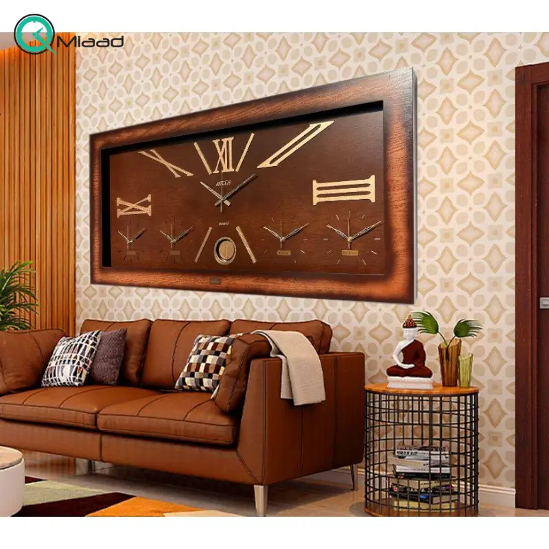 ساعت دیواری آرتا مدل 125، ساعت دیواری پنج زمانه مستطیلی شکل با سایز 120x60، متریال ام دی اف ساعت، دارای موتور آرامگرد با دو سال ضمانت، رنگ قهوه ای ساعت دیواری