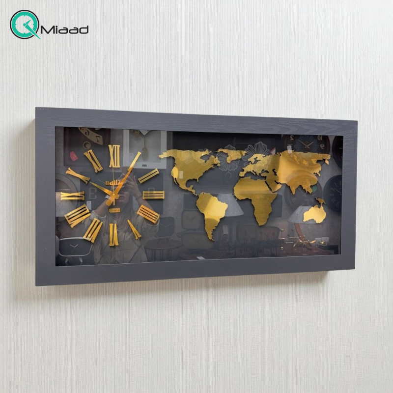 ساعت دیواری طرح نقشه جهان مدل 3315 رنگ طوسی