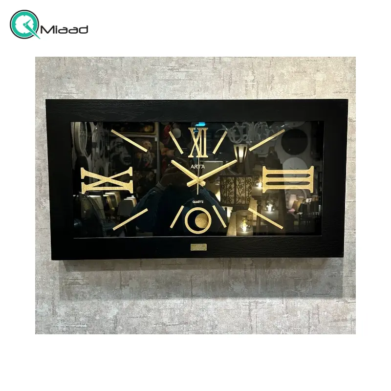 ساعت دیواری آرتا Arta کد 420، ساعت دیواری چهارگوش چوبی سایز 83x43 سانت، با متریال MDF، رنگ مشکی، دارای موتور آرامگرد، ساعت دیواری با اعداد رومی ساعت