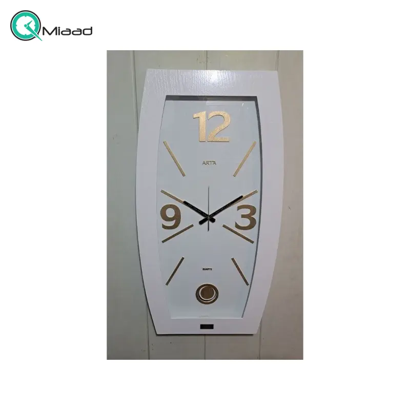 ساعت دیواری آرتا Arta کد 445، ساعت دیواری چهارگوش چوبی با متریال MDF، دارای پاندول و اعداد لاتین، دارای موتور آرامگرد، رنگ سفید ساعت