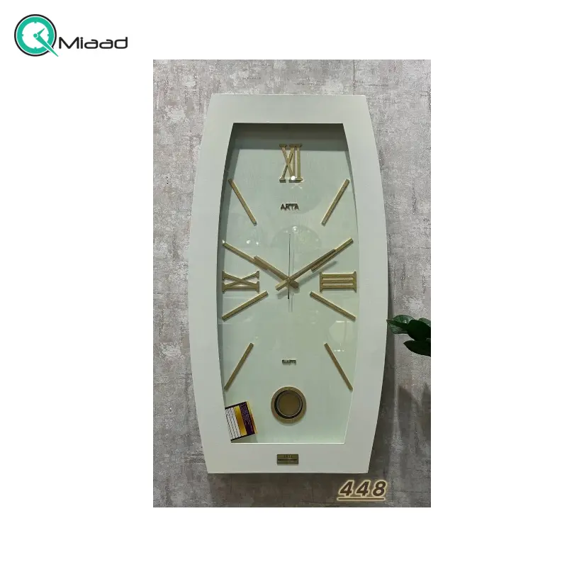ساعت دیواری آرتا Arta کد 448، ساعت دیواری چهارگوش چوبی با متریال MDF، دارای پاندول، دارای موتور آرامگرد، رنگ سفید ساعت