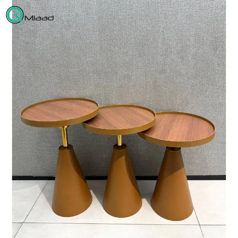 میز عسلی سهتکه مدل 9750، با طراحی جذاب و مدرن و پایههای فلزی مقاوم، در سه ارتفاع 57، 52 و 92 سانت و قطر صفحه 40 سانت، با صفحه گلس ضدخش و ضدآب، رنگ قهوه ای سنگی خرید میز تلفن گرام