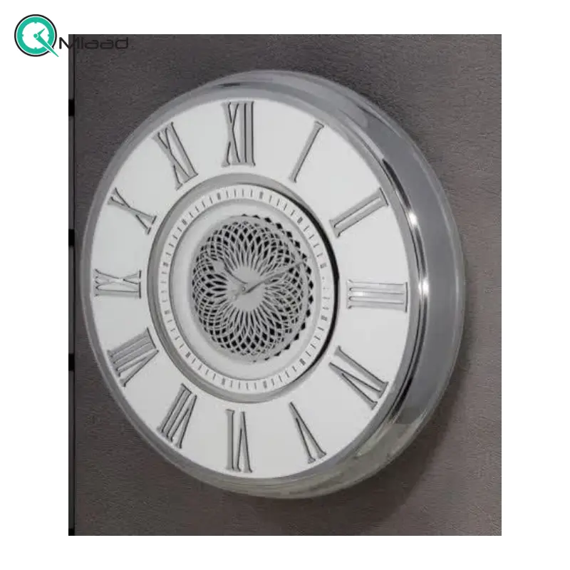 ساعت دیواری آرتمیس مدل 2044، ساعت دیواری ساخته شده با متریال فلز، دارای چرخ دنده متحرک روی صفحه ساعت، اعداد رومی برجسته، سایز 70، رنگ سیلور سفید ساعت دیواری