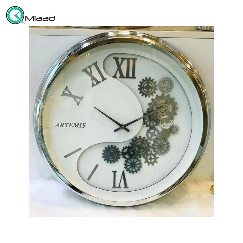 ساعت دیواری آرتمیس Artemis کد 2029، گرد فلزی سایز 50 طرح چرخ دنده عدد برجسته، رنگ نقره ای ساعت دیواری