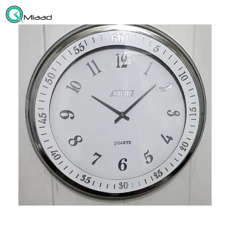 ساعت دیواری فلزی آرتمیس مدل 2037، ساعت دیواری فلزی و دایره ای شکل برند آرتمیس، سایز 40 سانت و طراحی مینیمال و مدرن، رنگ نقره ای سفید ساعت دیواری