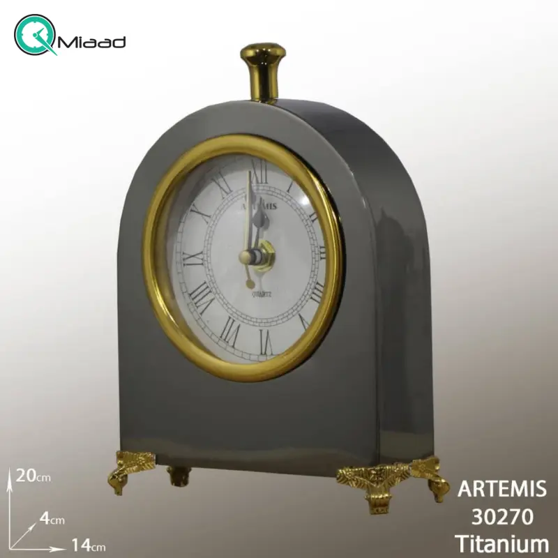 ساعت رومیزی فلزی آرتمیس مدل 30270، ساعت رومیزی بسیار زیبا و مدرن آرتمیس، دکوری و بسیار زیبا، در رنگ خاکستری و اعداد رومی ساعت رومیزی