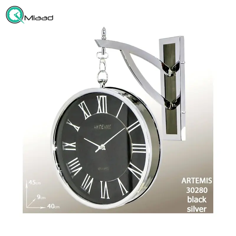 ساعت دیواری یک طرفه آرتمیس مدل 30280، ساعت مدل طرفه آویز بسیار بینظیر با متریال فلز، موتور درجه یک روانگرد، رنگ سیلور مشکی ساعت دیواری یک طرفه آرتمیس مدل 30280