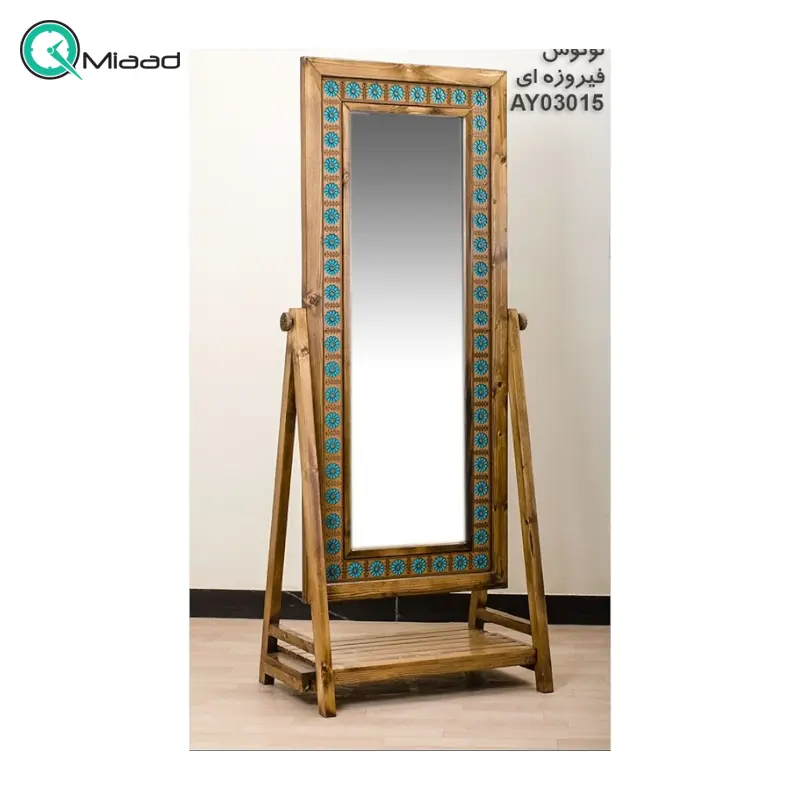 آینه چاتمه طبقه دار لوتوس مدل AY03015، آینه بسیار زیبا با قاب چوبی روسی و دارای طبقه مخصوص، رنگ فیروزه آینه