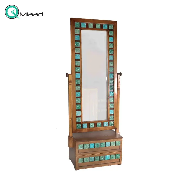 آینه ایستاده دو کشو مدل فیروزه کد AY20054، آینه بسیار زیبا با قاب چوبی روسی و دارای دو کشو آینه