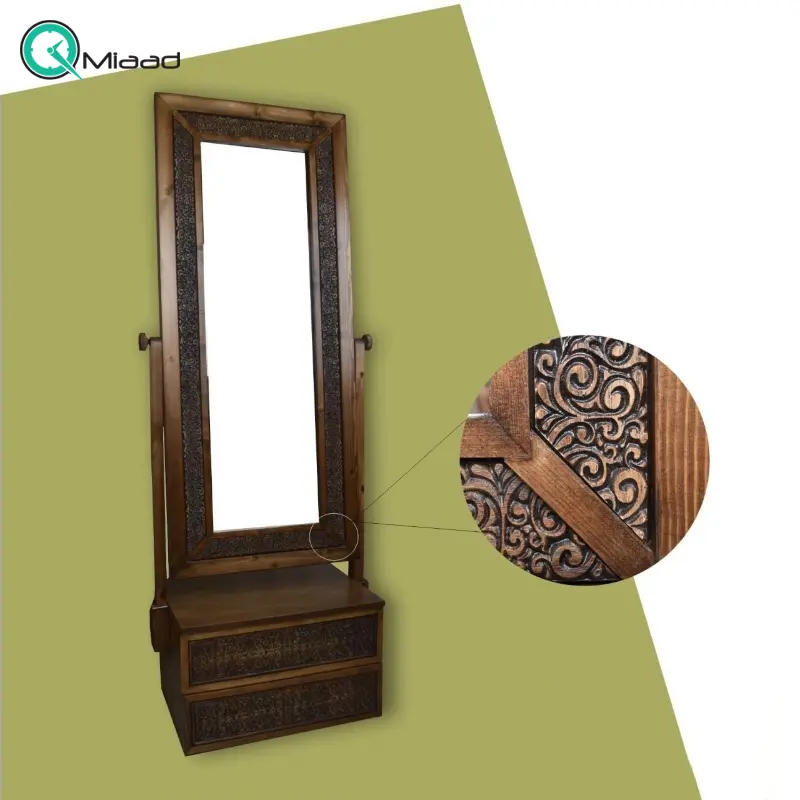 آینه ایستاده دو کشو مدل گل نقش کد AY28002، آینه قدی بسیار زیبا با قاب چوبی روسی و دارای دو کشو آینه
