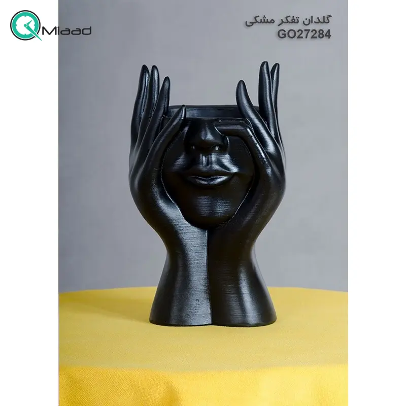 گلدان تفکر مدل GO27284، گلدان تزیینی و دکوری با طراحی ساده و زیبا و همینطور خلاقانه، طرح صورت و دست و نماد تفکر، رنگ مشکی گلدان