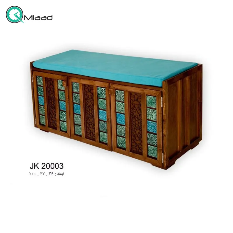جاکفشی نشیمن مدل فیروزه کد JK20003، جاکفشی با طراحی سنتی، دارای طبقه های برای نگهداری کفش و جزییات مربوطه، رنگ رویه آبی جاکفشی