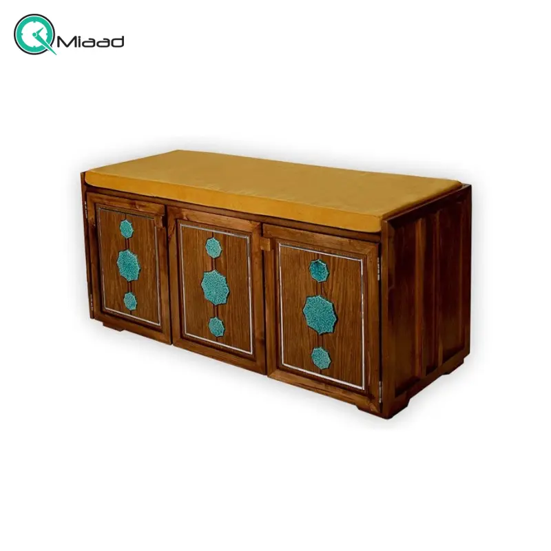 جاکفشی نشیمن عباسی زرد مدل JK20006، جاکفشی با طراحی سنتی، دارای طبقه های برای نگهداری کفش و جزییات مربوطه، ترکیب رنگ قهوه ای و زرد جاکفشی