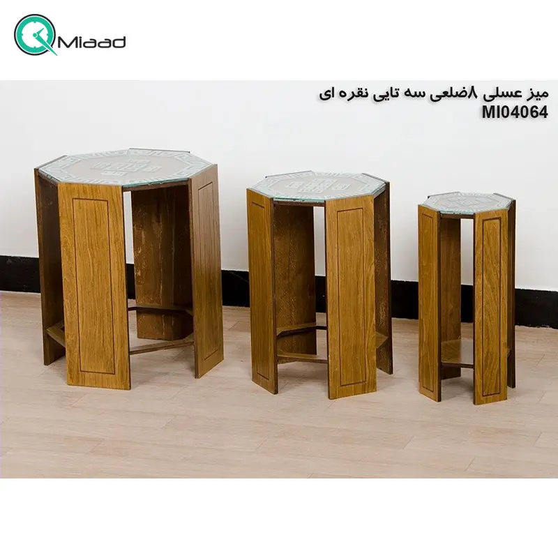 میز عسلی چوبی مدل M104064، میز عسلی چوبی 8 ضلعی سه تایی، میز عسلی مدل با طراحی کلاسیک، رنگ نقره ای میز عسلی